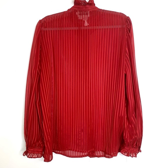 Vintage Red Blouse Sheer Pinstripe Ruffled Neck & Cuffs Christmas Valentine’s - Picture 11 of 11